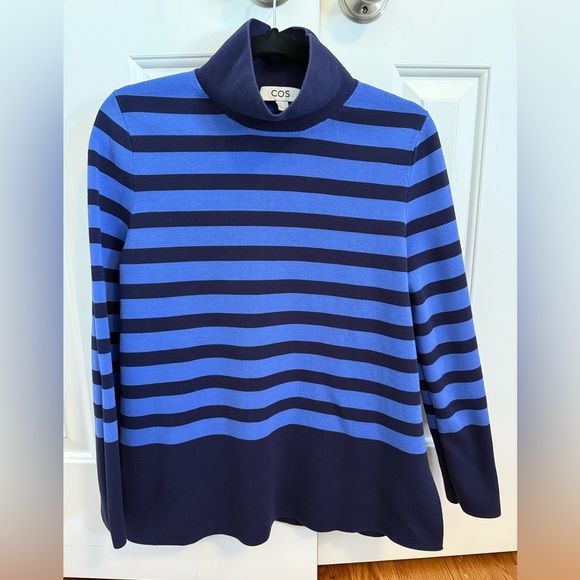 COS High Neck Striped Knitted Sweater Organic Cotton Navy Blue Size XS - Picture 1 of 10